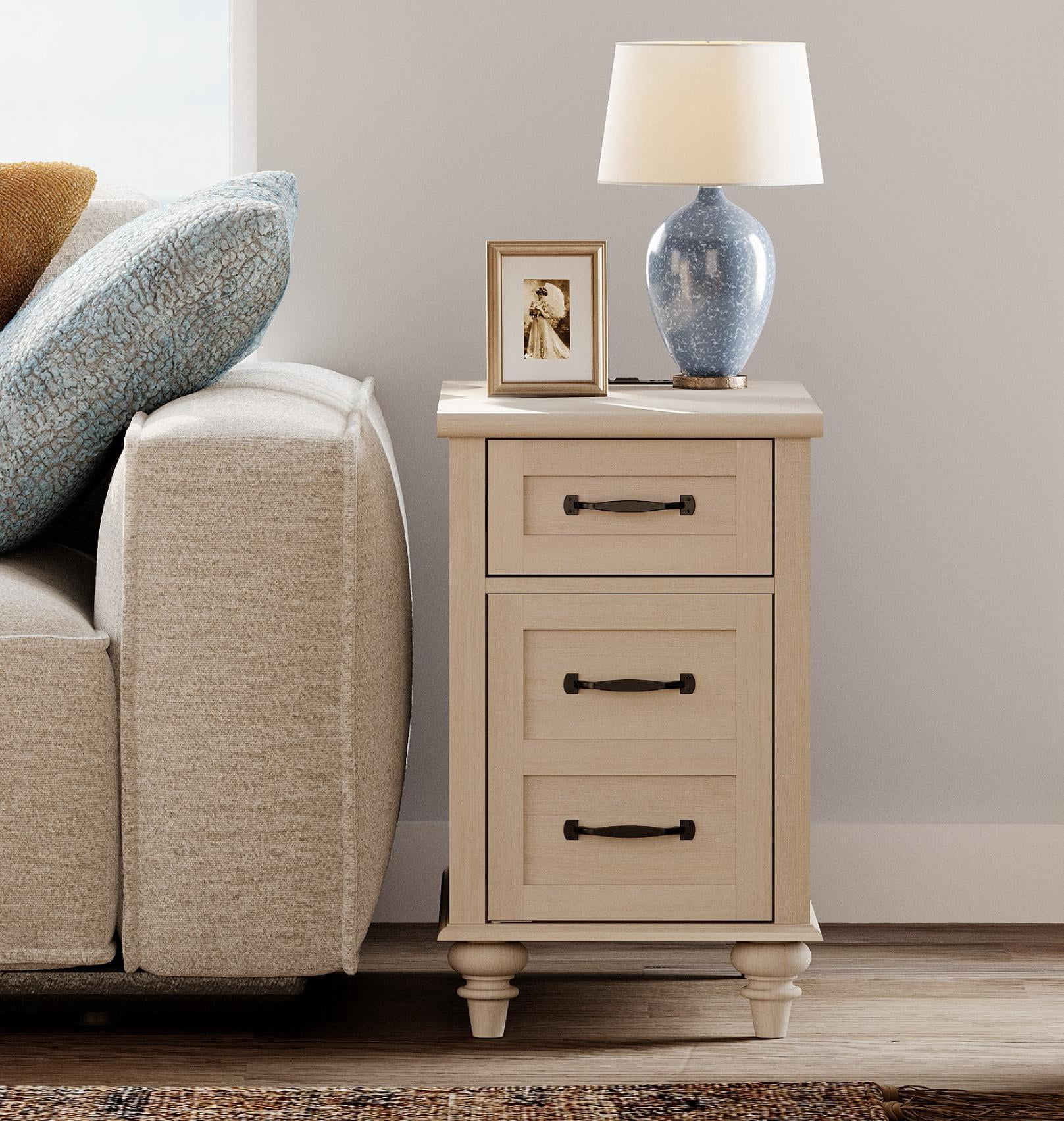 Wooden End Tables with Charging Station, Tall Nightstand with Cabinet & Drawer, Side Table for Bedroom, Living Room, Beige