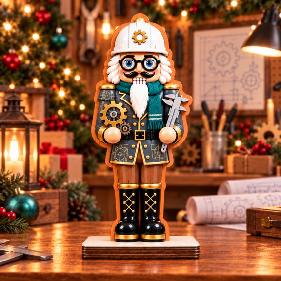 Wooden Engineer Nutcracker with Gear and Caliper Tabletop Christmas Decor for Engineers