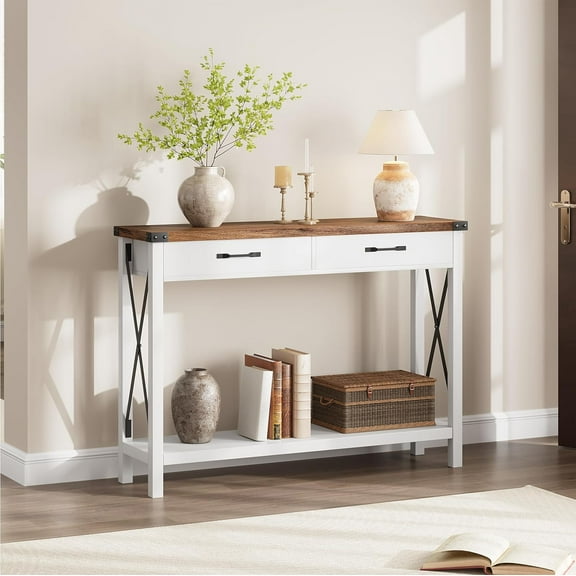 Wooden Entryway Table, Farmhouse Console Table with 2 Drawers, Sofa Table with Storage for Living Room, Hallway Foyer Table Home Furniture