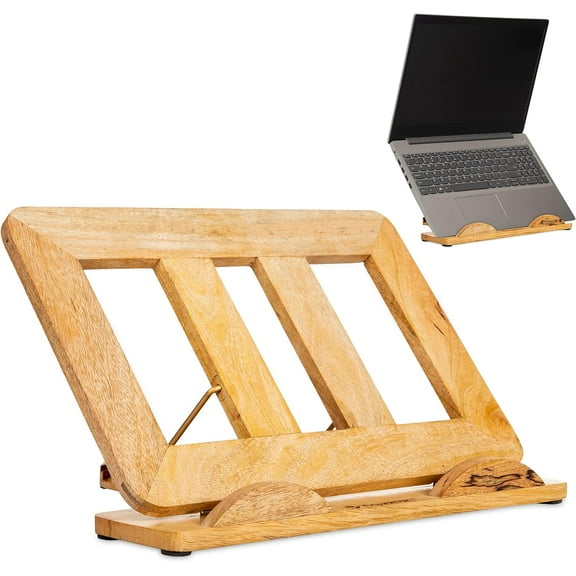 Wooden Ergonomic Laptop Stand Tablet Riser Adjustable Computer MacBook Stand for Desk Portable Universal Notebook Laptop Holder (Large- Mango Wood)