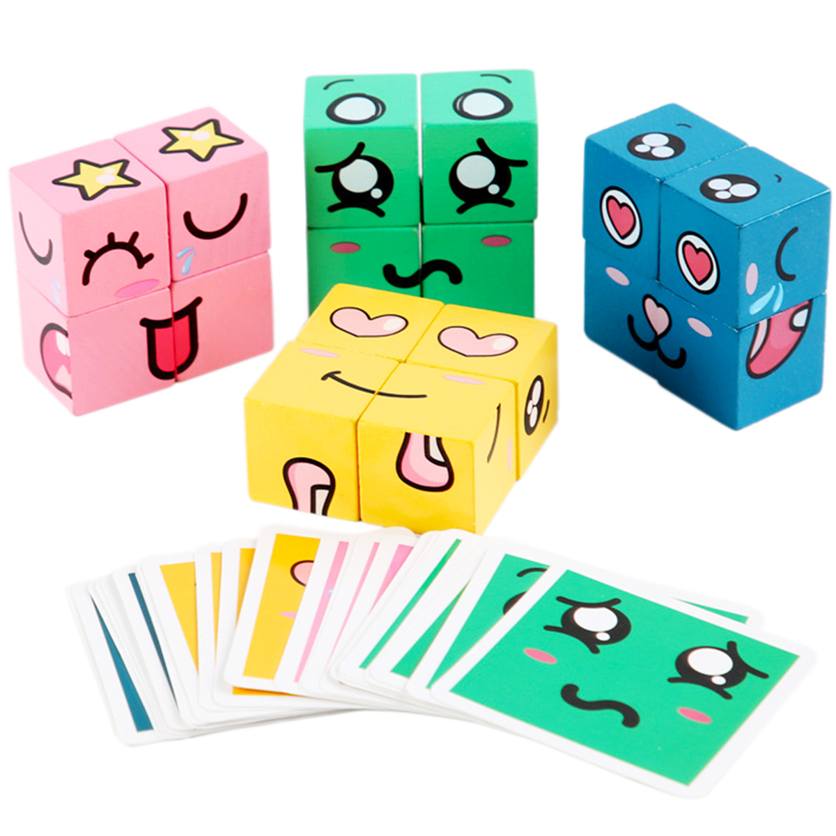 Wooden Expressions Matching Block Puzzles Building Cubes Toy Emotional