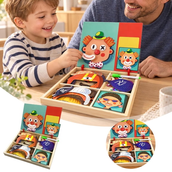 Wooden Face Puzzle, Facial Feature MixandMatch Game with Marker, Portable Storage Box, Early Educational Learning Toy