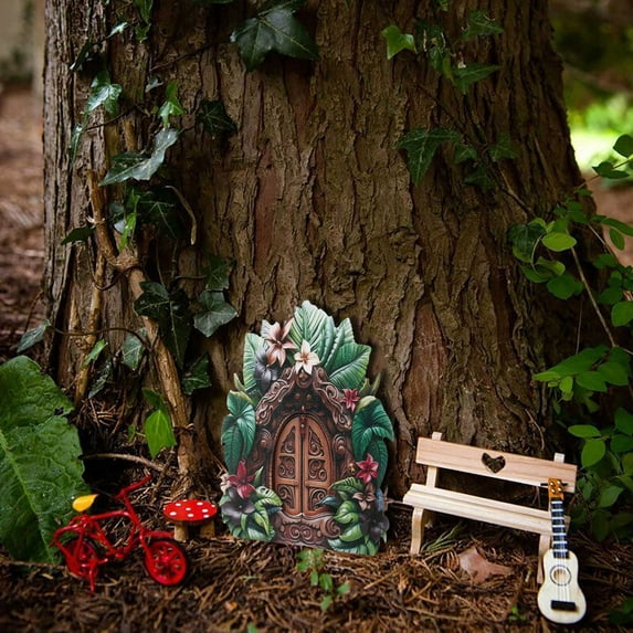 Wooden Fairy Garden Door, Handcrafted Miniature Outdoor Decor for Patio Yard Landscape, Durable Weatherproof Polyresin Fairy Door Accessory, Resin Garden Miniature Floral Decor