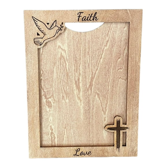 Wooden Faith and Love Picture Frame with Dove and Cross Design, 5x7 Inch Photo Display, Wall Mount or Stand