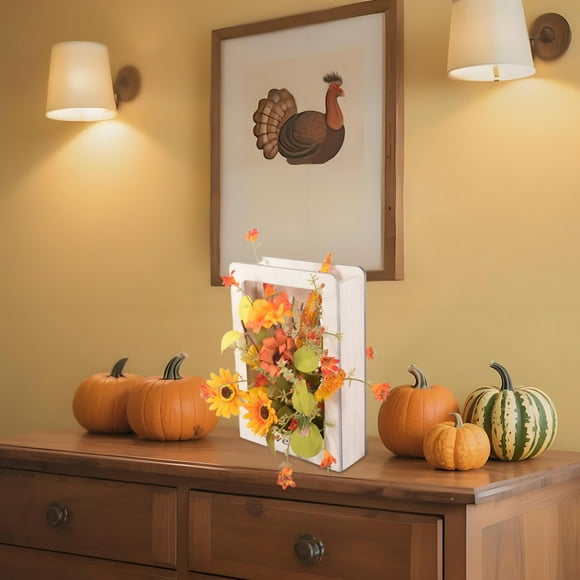 Wooden Fall Decor Photo Frame - Autumn Thanksgiving Halloween Farmhouse Decorations - Rustic 3D Wall Art for Mantel Desktop Porch Window Home Decor