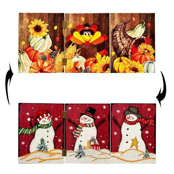 Wooden Fall Harvest Christmas Snowmen Reversible Triple Folding Screen Signs Free Standing Tabletop Mantle Centerpieces Decorations