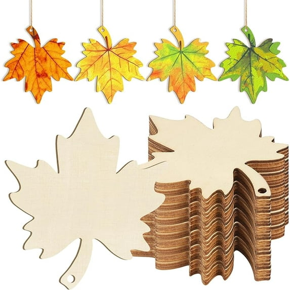 Wooden Fall Ornaments to Paint Halloween Thanksgiving Decoration Cutouts Unfinished 24PCS, DIY Blank Unfinished Maple Leaf Wood Discs Ornament for Home Harvest Crafts Hanging Autumn Decorations