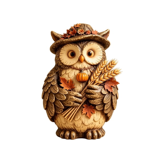 Wooden Fall Owl Decoration with Pumpkin and Wheat Sheaf, Rustic Farmhouse Design, Brown and Orange, for Home Shelf Or Table, Autumn Harvest Decoration