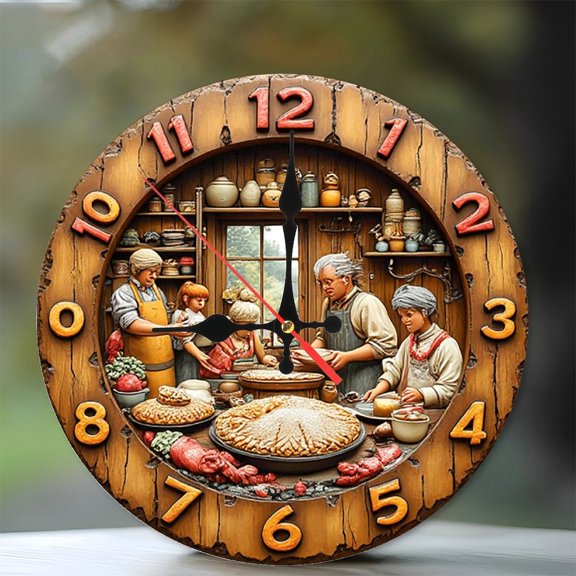 Wooden Family Baking Clock Wall Decor 10-Inch Silent Wooden Wall Clock, Battery Operated (AA Batteries Not Included), Artistic Home Decor