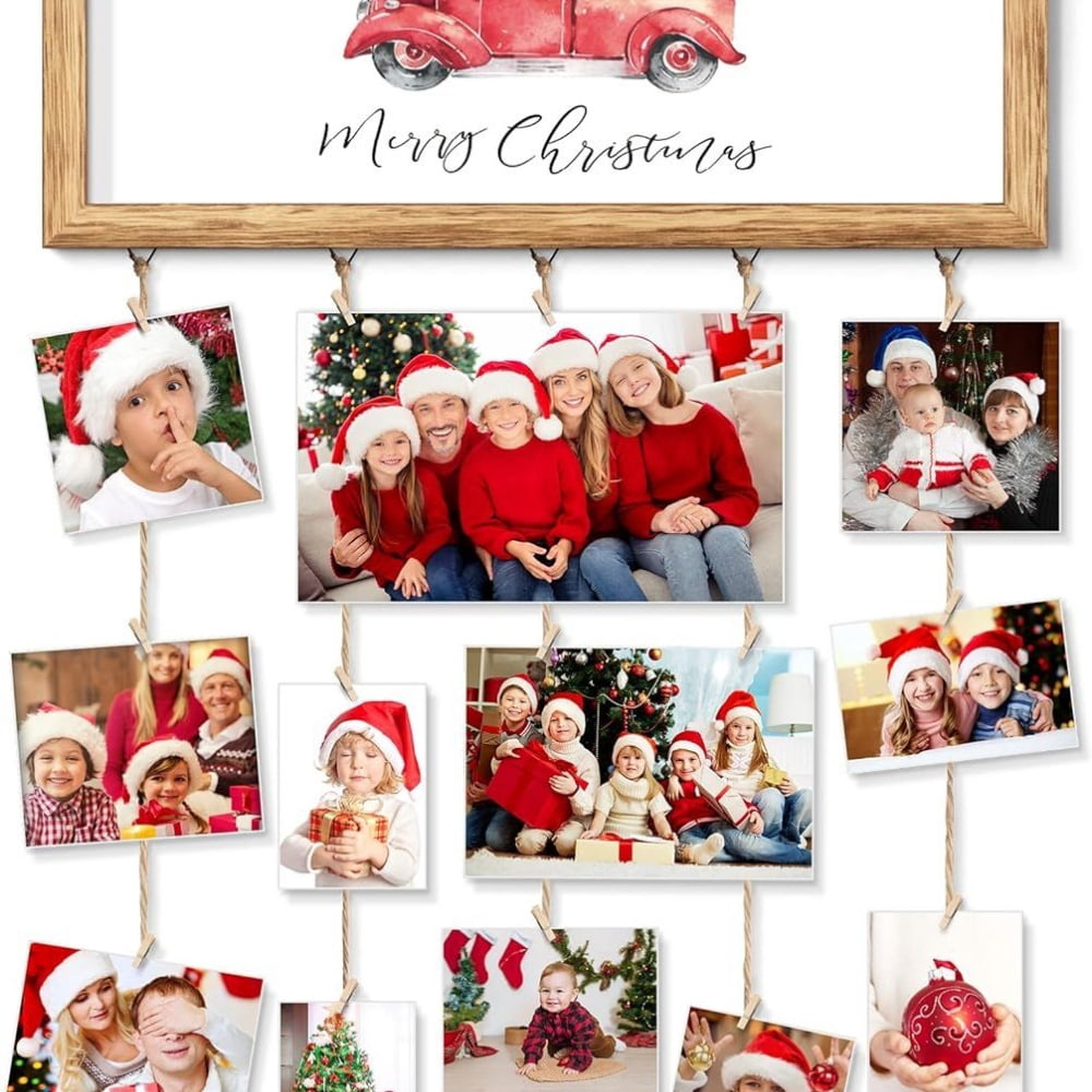 Wooden Family Christmas Card Display, Wall Hanging Sign & Photo Collage Holder for Living Room, Bedroom & Entryway