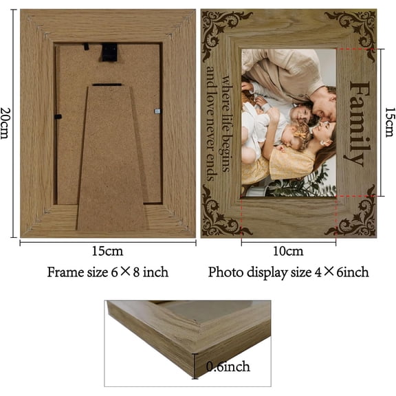 Wooden Family Picture Frame Memorial Photo Frames Natural Wood Engraved Vintage Floral Holds Display Tabletop Wall Hanging Decor for Mothers Fathers Birthday Christmas 7.9 x 5.9 Inch