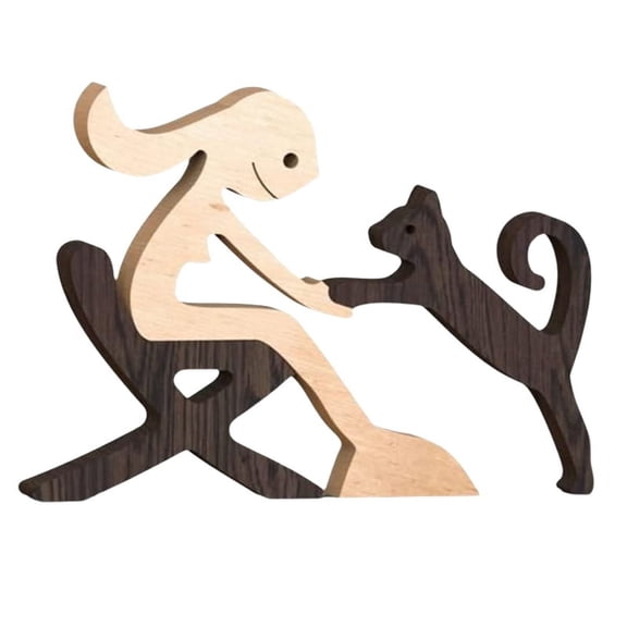 Wooden Family Statue, Handmade Wooden Statue, Pet Carved Wood Sculpture Desktop Decor Bedroom Home Office Decor Gift A