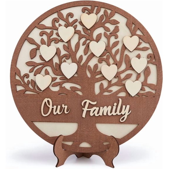 Wooden Family Tree Decor 3D Family Name Decor 11.8 Inch Brown Families Trees Name Sign Flat Round Families Tree Plaque Mothers Day Birthday Gifts for Living Room Love Tabletop Decoration BrownDIY