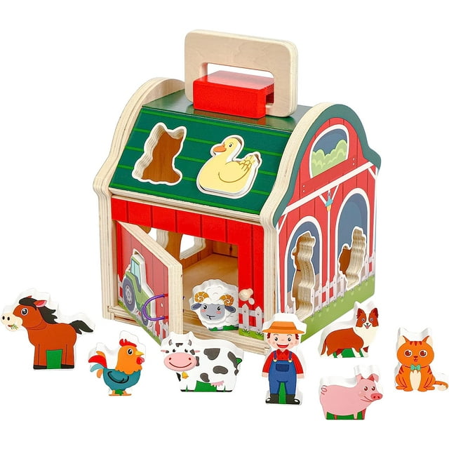 Wooden Farm Animal Toy, Shape Sorting and Stacking Toy for Toddlers 13