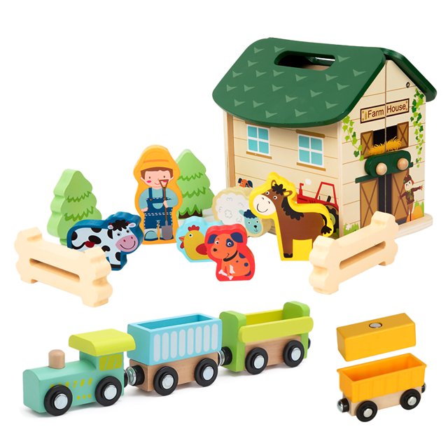 Wooden Farm Animal Toy, Shape Sorting and Stacking Toy for Toddlers 13