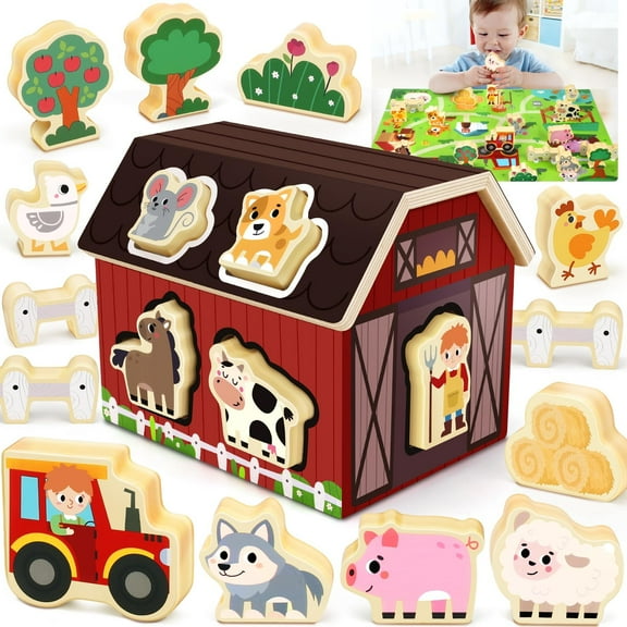Wooden Farm Animals Toy for Toddler: Montessori STEM Learning Activity Toy for 1-5 Year Olds Boys - Sorting & Stacking Sensory Educational Shape Sorter - Gift for Kids Ages 2 3 4 Birthday Gift