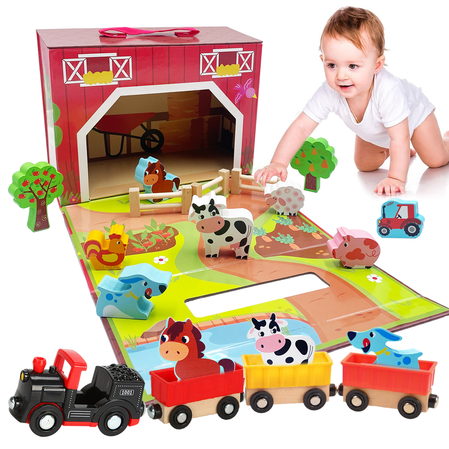 Wooden Farm Animals Toys, Take-Along Sorting Barn Toy with Wooden Train ...