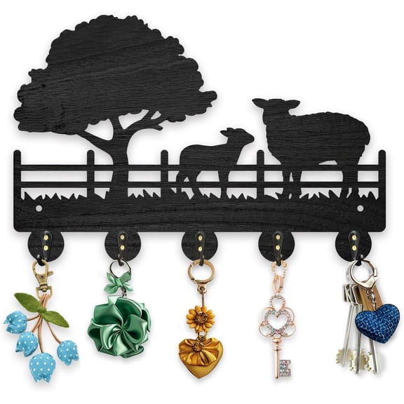 Wooden Farm Sheep Tree Coat Rack 11.87.2inch Farmhouse Animal Meadow Key Holder for Wall Decorative Key Hanger with 5 Alloy Hooks for Gift Entryway Bedroom Living Room Office DIY