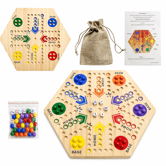 Wooden Fast Track Board Game for 4-6 People, Original Marble Game Wahoo Board Game, 15 Inch Double-sided Board, 2-6 Player Fast Track Game, 6 Colors 24 Marbles 6 Dice, Interactive Family Board Game