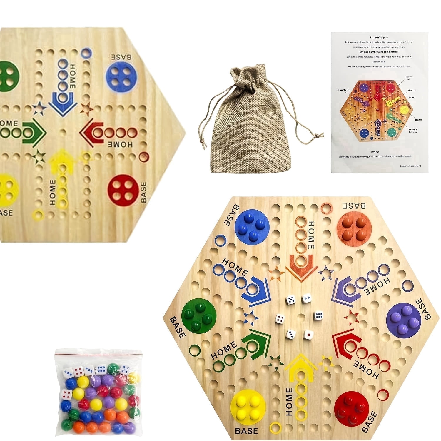 Wooden Fast Track Board Game for 4-6 People, Original Marble Game Wahoo Board Game, 15 Inch Double-sided Board, 2-6 Player Fast Track Game, 6 Colors 24 Marbles 6 Dice, Interactive Family Board Game