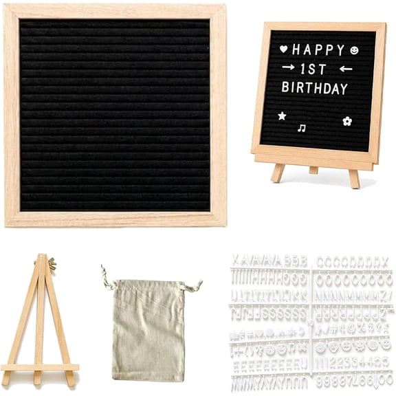 10x10 Inch Rustic Felt Letter Board with Stand, 340 Letters Numbers Symbols Changeable Message Board, Wooden Frame Felt Letterboard for Home Office Wedding Cafe Decor Sign, Black