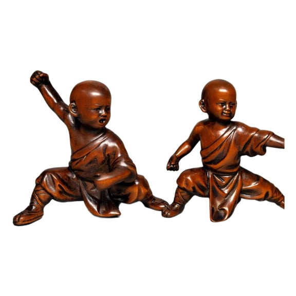 Wooden Figure Carving Carved Figurine Statue Kung Fu Monk Kid Artisan Chinese Zen Martial Vitality Spirit Perseverance