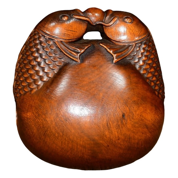 Wooden Figure Carving Double Fish Figurine Chinese Handcarved Decor Auspicious Prosperity Harmony Fortune Abundance Blessing