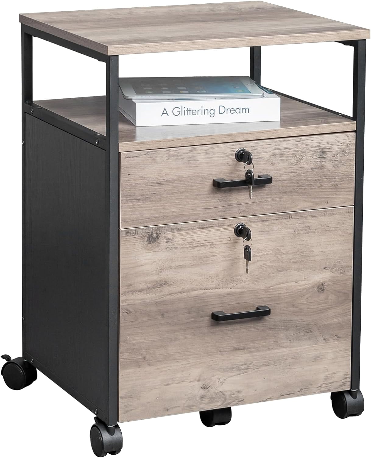 Wooden File Cabinet with 2 Drawers 1 Shelf Bookcase, Filing Cabinet for Legal Letter Storage with Printer Stand for Home Office Lateral File Cabinets Compact Design Wood Black