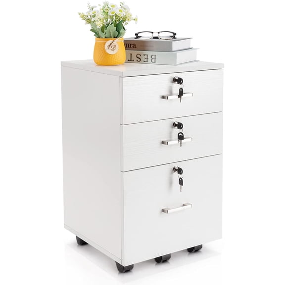 Wooden File Cabinet, 3 Drawer Vertical File Cabinets with 3 Lock,Printer Stand Mobile Storage Cabinet,Filing Storage Drawer for Home,Office,White(15.75" L x 15.75" W x 26.1" H)
