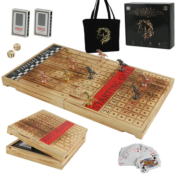 Wooden Finish Line Horse Racing Board Game Equipped with 11 Luxury Metal Craft Horses Adult Chessboard Including 2 Sets of Dice and 2 Boxes of Cards Folding Box Game Board (Light Flame)