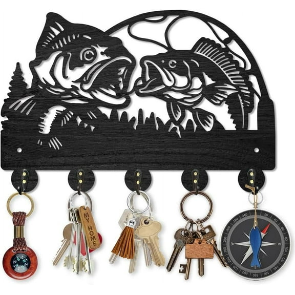 Wooden Fish Coat Hooks Wall Mount Fishing Rod Lake Key Holder 11.87.9inch Summer Gone Fishing Tree Key Hook Rack with 5 Alloy Hooks for Gift Hallway Entryway Kitchen Wall Art Decor DIY