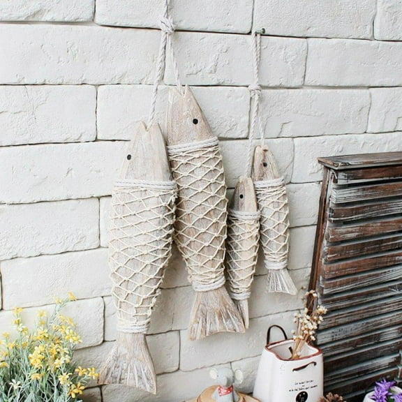 Wooden Fish Decor Hanging Wood Fish Decorations for Wall, Rustic Nautical Fish Decor Beach Theme Home Decoration Fish Sculpture Home Decor for Bathroom Bedroom Lake House Decoration