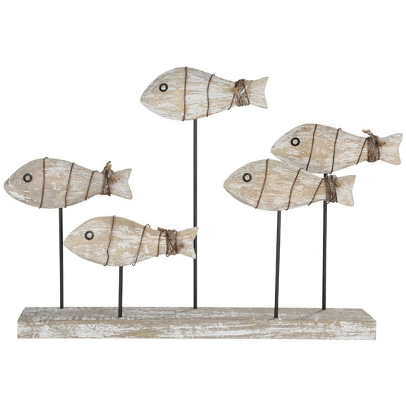 Wooden Fish Figurines, Mediterranean Style Wooden Fish Sculpture Statues, Hand-Carved Five Fish Group with Stable Base, Beach Rustic Home Decor Accent