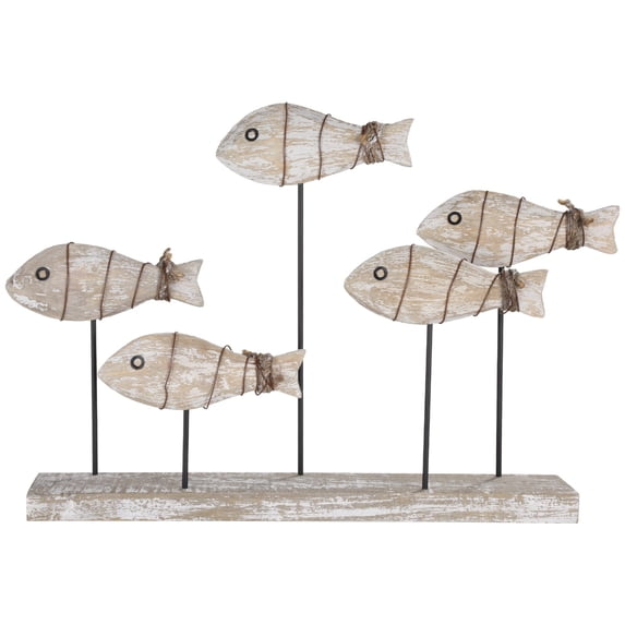 Set of 5 Hand-Carved Wooden Fish Statues, Rustic Mediterranean Style Figurines with Wood Base, Coastal Decor for Beach House, Living Room, Shelf, Tabletop