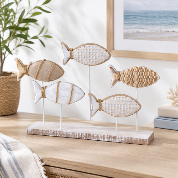 Wooden Fish Figurines with Rope and String, Set of 5, Tabletop Nautical Decor for Home