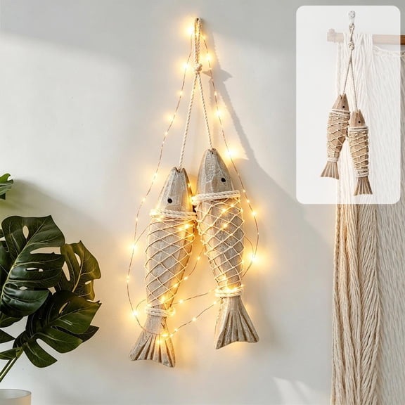 Wooden Fish Hanging Wall Decoration - Rustic Nautical Beach Theme Home Decor Sculpture with LED Light String for Bathroom, Bedroom, Lake House