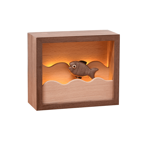 Wooden Fish Night Light Desk Decor Biomimetic LED Lamp Natural Walnut Beech Wood Artistic Table Lamp Rechargeable Ambient Light for Adults Enthusiasts (Non-Music)