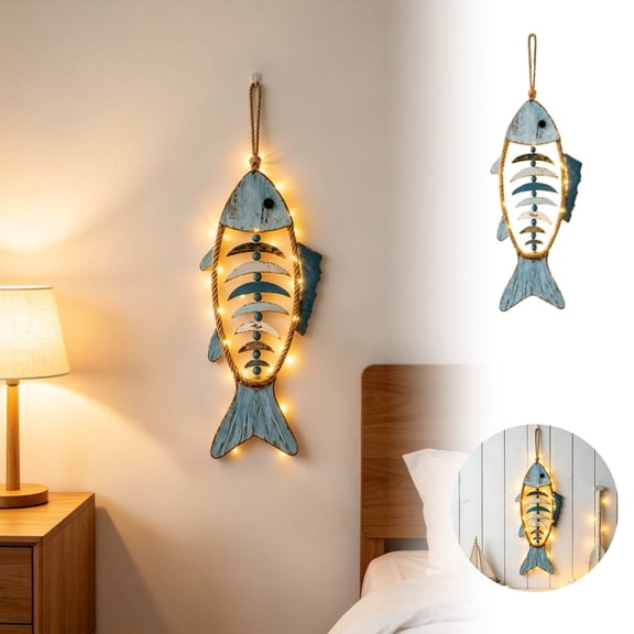 Wooden Fish Skeleton Wall Hanging Light 25 Inch - Distressed Driftwood LED String Light Art For Beach House Cabin Porch Patio Coastal Decor Rustic Jute Rope Hook