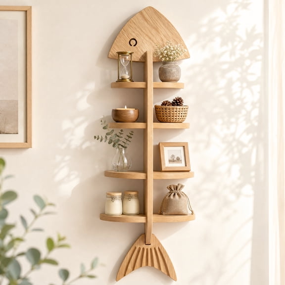 Wooden Fish Wall Shelf, Wood Fish Beach Decor Display Shelf, Mediterranean Style Fish Hanging Wall Art Decor,Suitable for Living Rooms, Bedrooms, Kitchens, and Other Spaces.