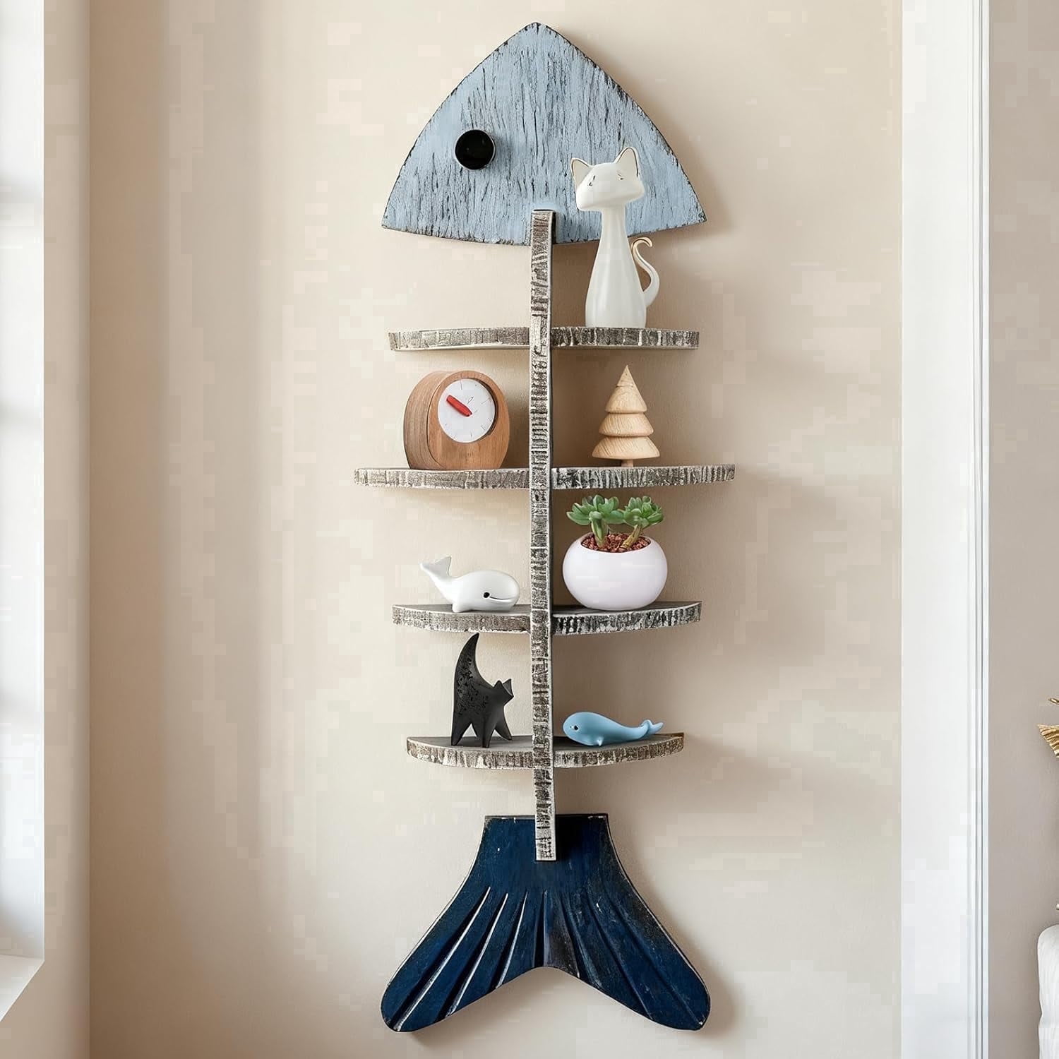 Wooden Fish Wall Shelf, Wood Fish Beach Decor Display Shelf, Nautical Coastal Style Wall - Mounted Organizer in Bedroom，Living Room，Lake House, Bathroom