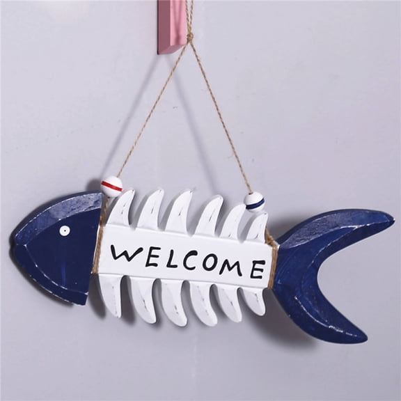 Wooden Fish Welcome Sign Wall Decor – Mediterranean Nautical Beach Theme Fishbone Plaque with Rope Hanger for Home Bathroom Kitchen Porch Yard