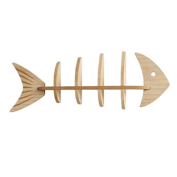 Wooden Fishbone Wall Decor 27 Inch, Fish Skeleton Display Shelf Coastal Beach Themed Art, Mediterranean Style Hanging Storage Rack for Bedroom Living Room Lake House Study