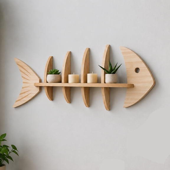 Wooden Fishbone Wall Decor, Floating Shelf, Nautical Coastal Wall Mounted Organizer, Driftwood Fish Display Shelf for Bedroom, Bathroom, Living Room,B