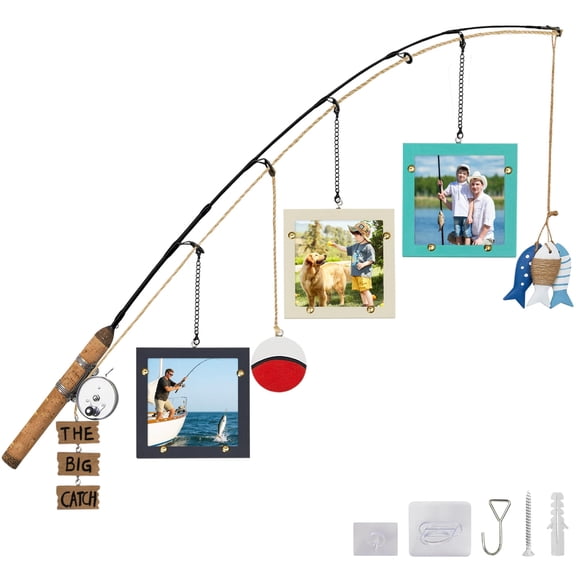Wooden Fishing Pole Picture Frame Wall Decor with 3 4x4 Inch Frames Hanging Fishing Decoration for Cabin Home