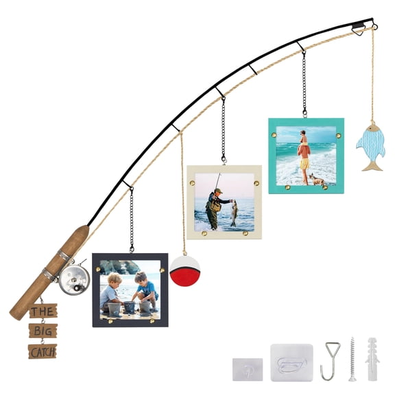 Wooden Fishing Rod Photo Frame with 3x4x4" Picture Frames, Adjustable Wall Hanging for Lake House, Cabin, and Home Decor