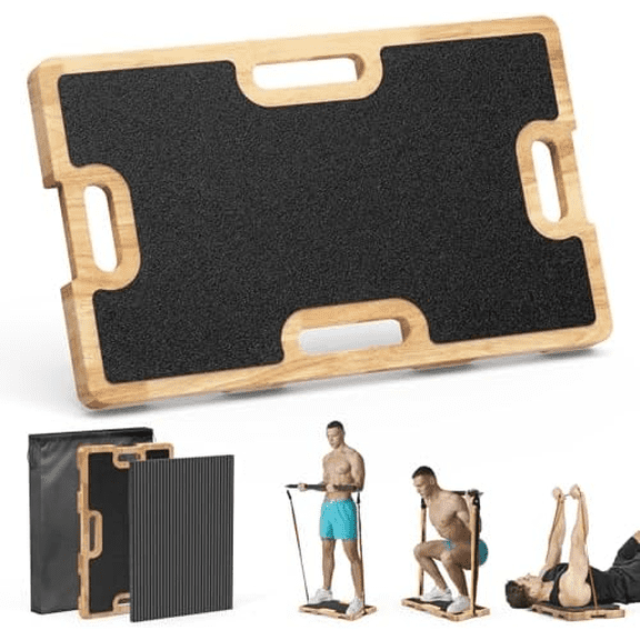 Wooden Fitness Board - Resistance Band Workout Footplate with Foam Pad & Storage Bag - Wood Exercise Step Platform with Non-Slip Surface for Home Body Gym, Strength Training$$Sport & Recreation Other