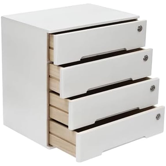 Wooden Flat File Cabinet, Desktop Storage Box, White Cabinet, 4-Tier Lockable Drawers Organizer, No Assembly Office Supplies Includes 8 Keys, 15.8x11x16 in$$Furniture