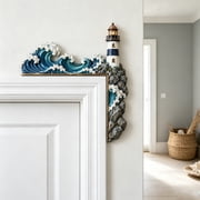 Wooden Flat Lighthouse Wave Door Topper, Nautical Ocean Frame Corner Decor, Coastal Seascape Profile Wall Art Decor, Maritime Style Corner Fitting Shape, Easy Placement, Birthday Gift