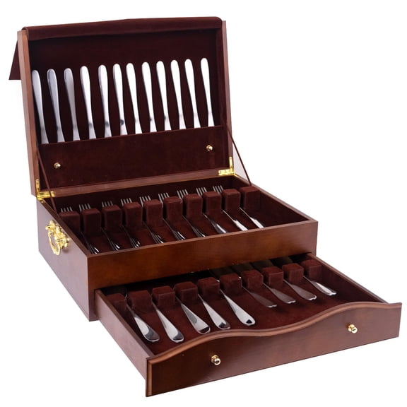 Wooden Flatware Chest With Drawer, 2-Tier Storage Box, Standard Finish