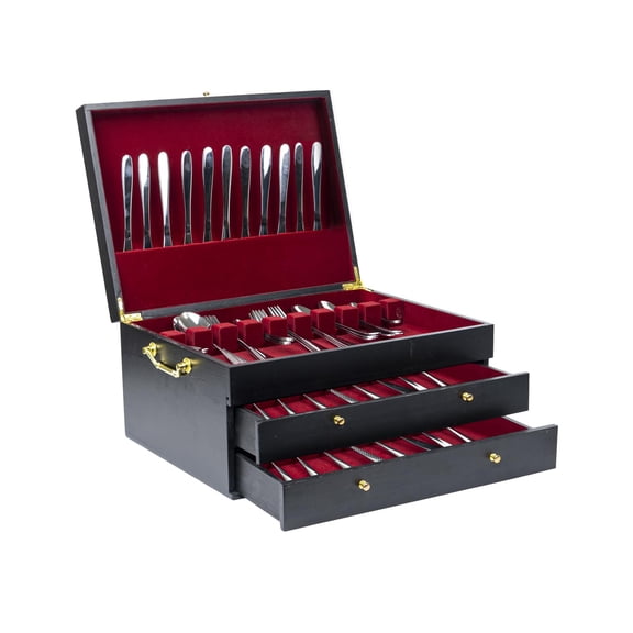 Wooden Flatware Organizer Box With 3 Drawers, Red Velvet Lining, Standard